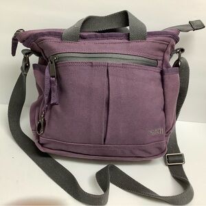 Duluth Trading Canvas Multi Pocket Travel Crossbody Bag in Lavender & Grey